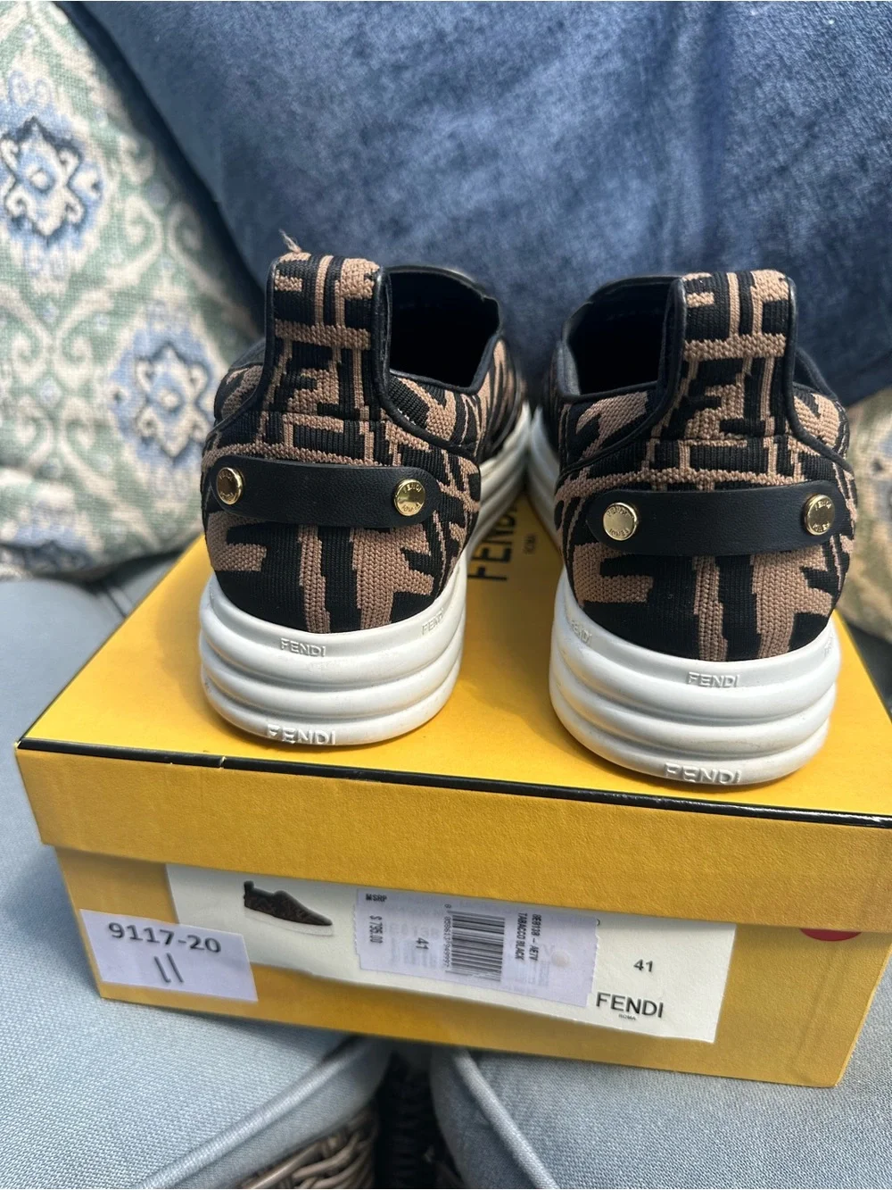 Fendi Brown & Black FF Logo Slip-On Sneakers Size 41